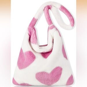 Pink and White Heart Patterned Faux Fur Bag